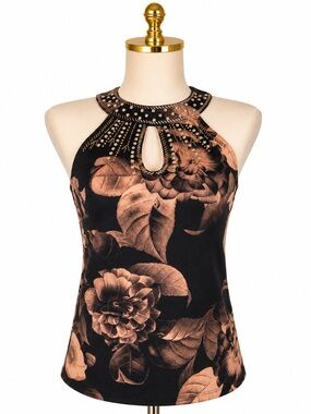 Le Chateau Black Floral Halter Top Beaded Neck Elegant Sleeveless Blouse XS